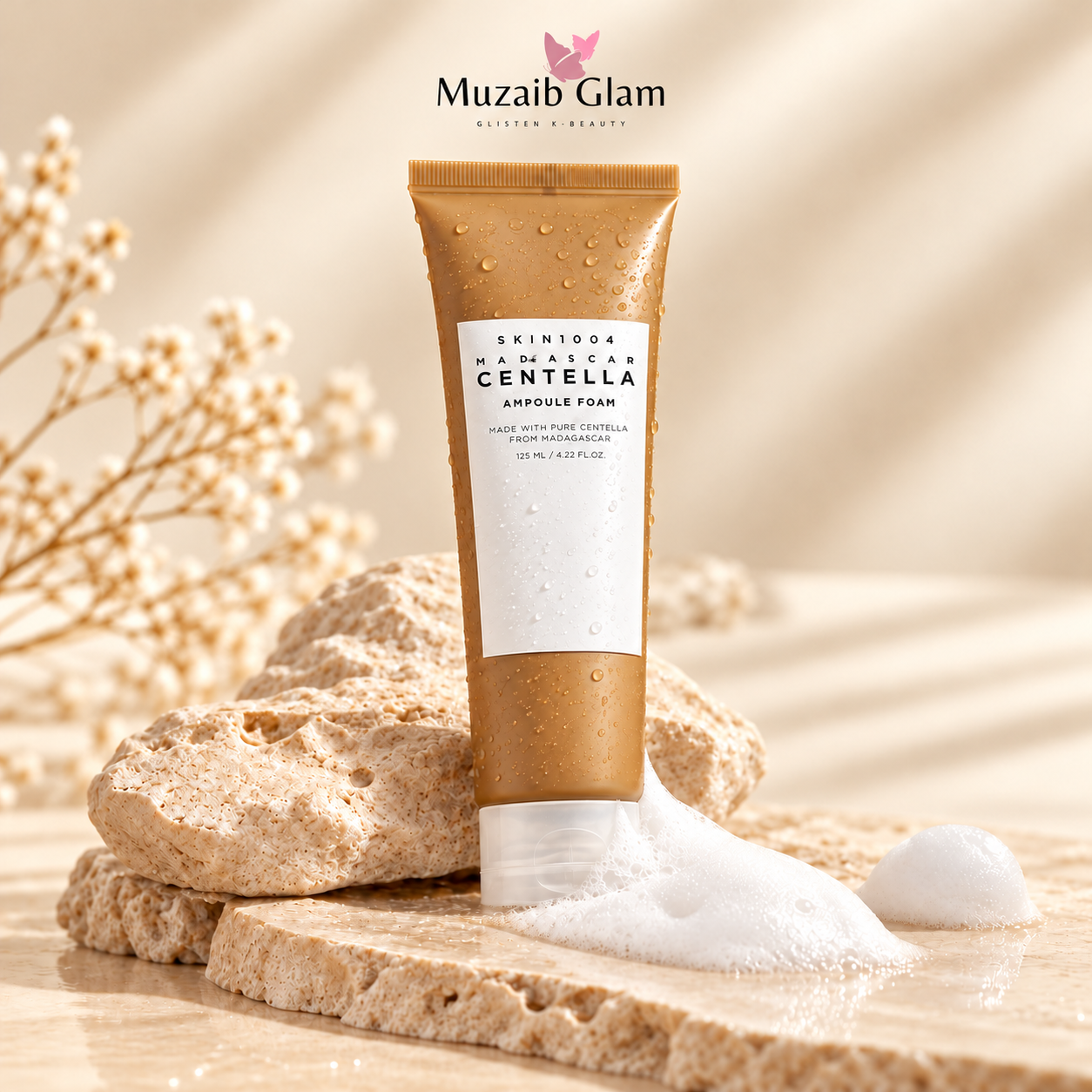 SKIN1004 Madagascar Centella Ampoule Foam 125ml with cleansing bubbles and cream beige styling
