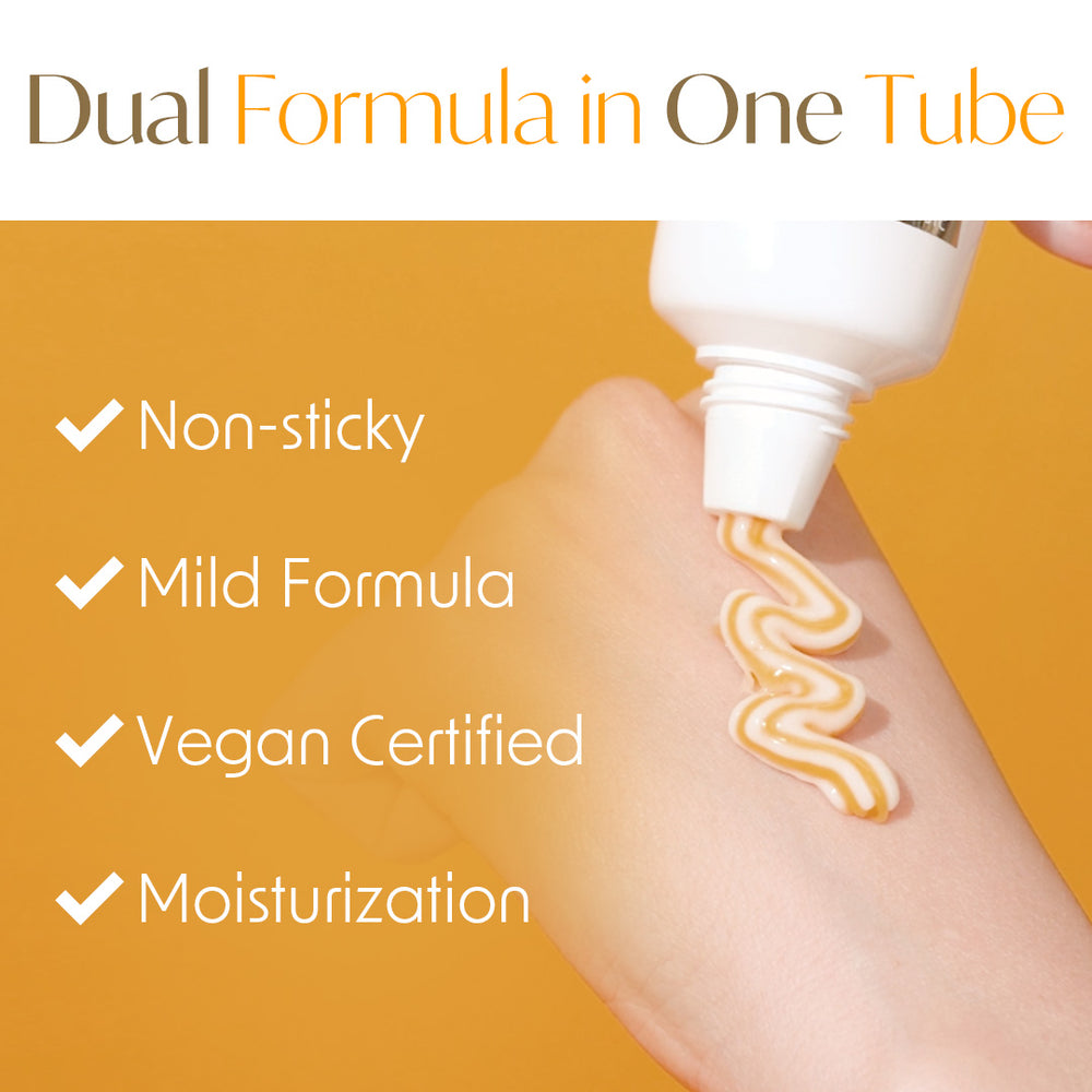 Product being applied to skin with text highlighting features like non-sticky, mild formula, vegan certified, and moisturization.