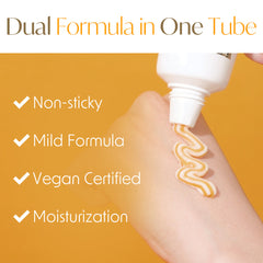 Product being applied to skin with text highlighting features like non-sticky, mild formula, vegan certified, and moisturization.