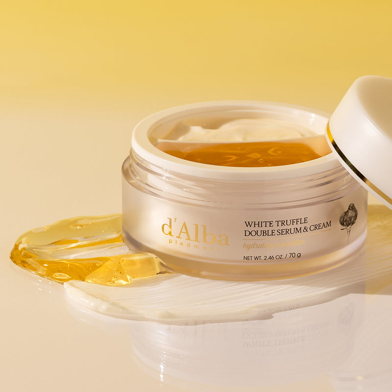 d'Alba White Truffle Double Serum & Cream open jar showing Aqua Serum and Intense Cream sides