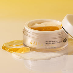 d'Alba White Truffle Double Serum & Cream open jar showing Aqua Serum and Intense Cream sides