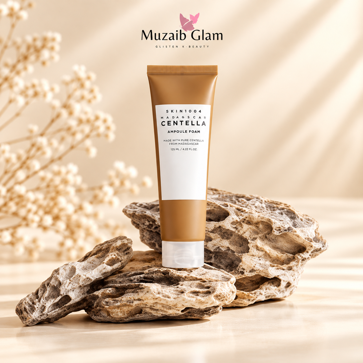 SKIN1004 Madagascar Centella Ampoule Foam 125ml on natural rocks with Muzaib Glam logo