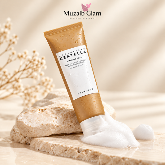 SKIN1004 Madagascar Centella Ampoule Foam 125ml on cream stone background with Muzaib Glam logo